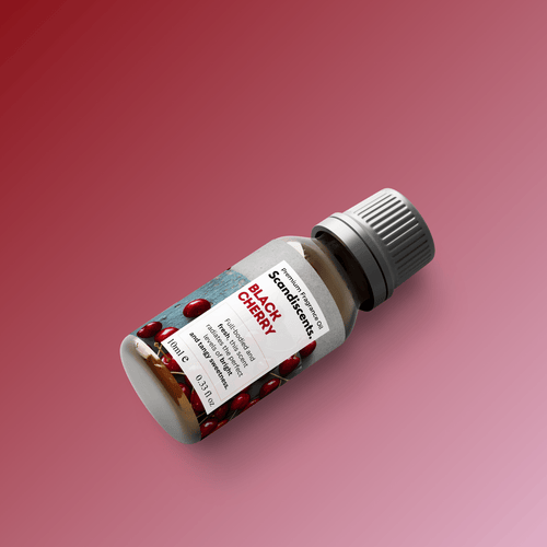 Black Cherry fragrance oil by Scandiscents in a clear glass bottle with a black cap, showcasing the vibrant liquid inside.