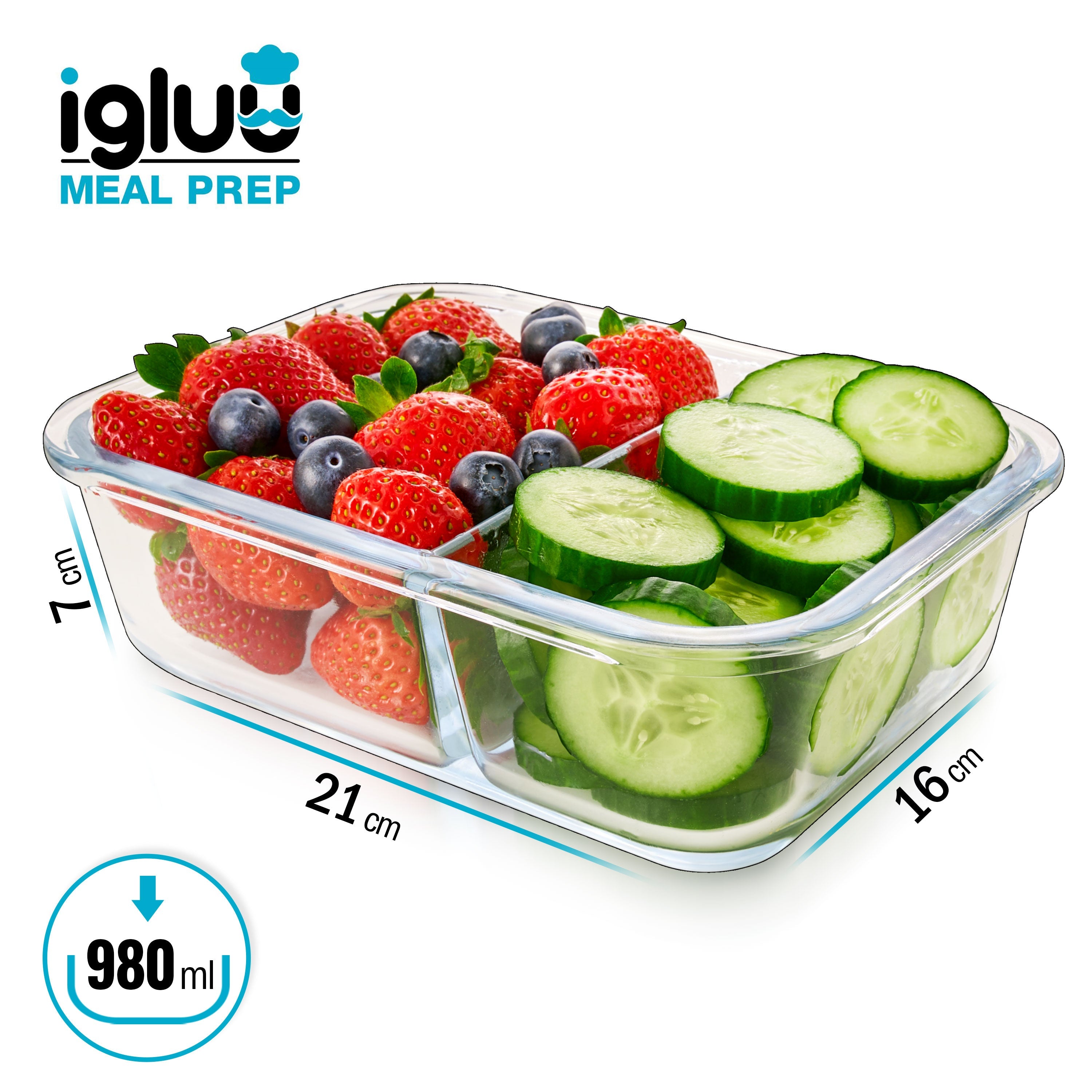Three Igluu Meal Prep 2-compartment glass containers with airtight lids, 980ml capacity, for storing and meal prepping food.