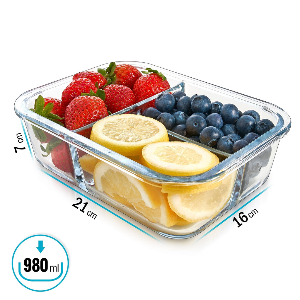 Set of three Igluu Meal Prep glass containers with airtight lids, 980ml capacity, perfect for meal prep and storage.