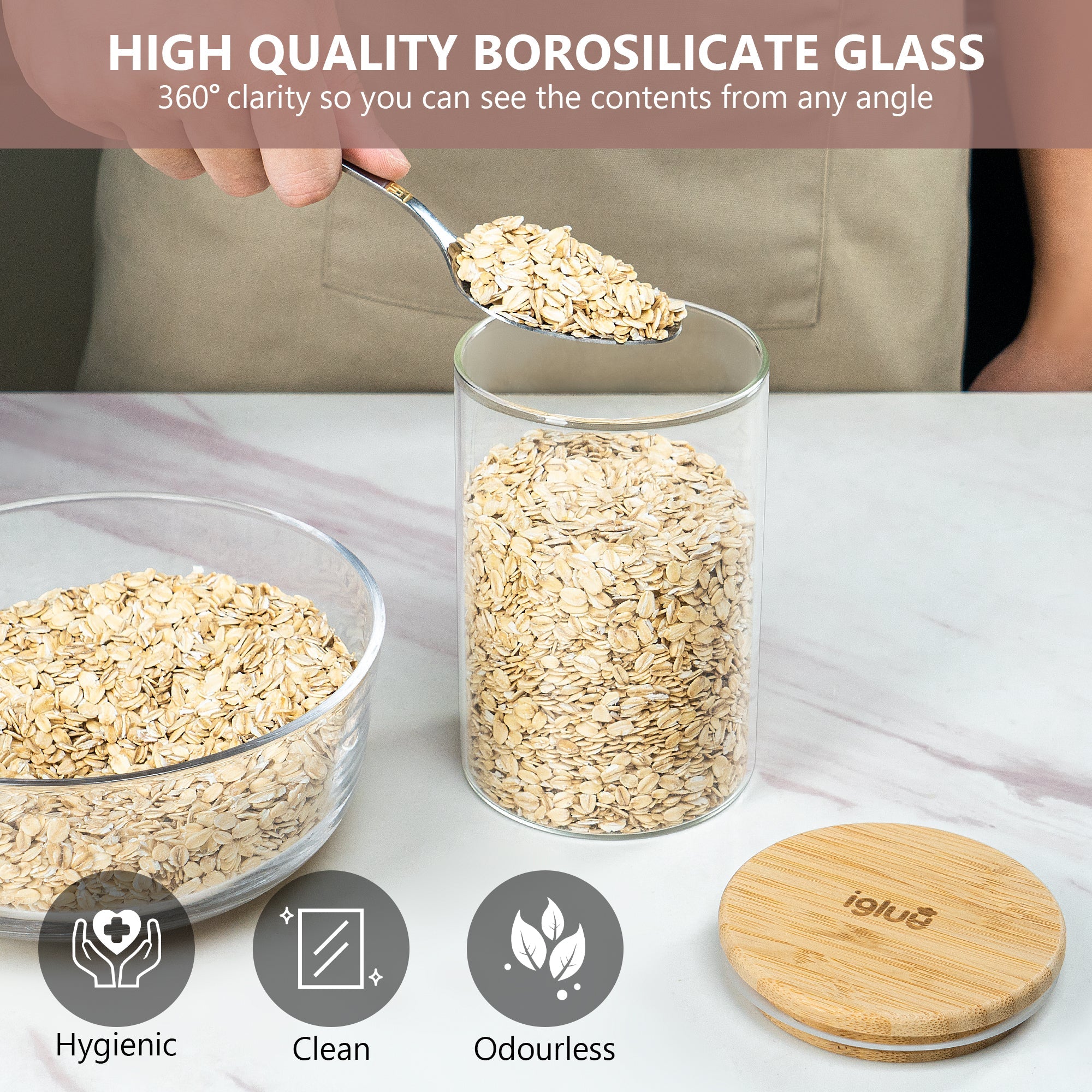 Set of three Igluu Meal Prep glass food storage jars with bamboo lids, each holding 900 ml for fresh food storage.