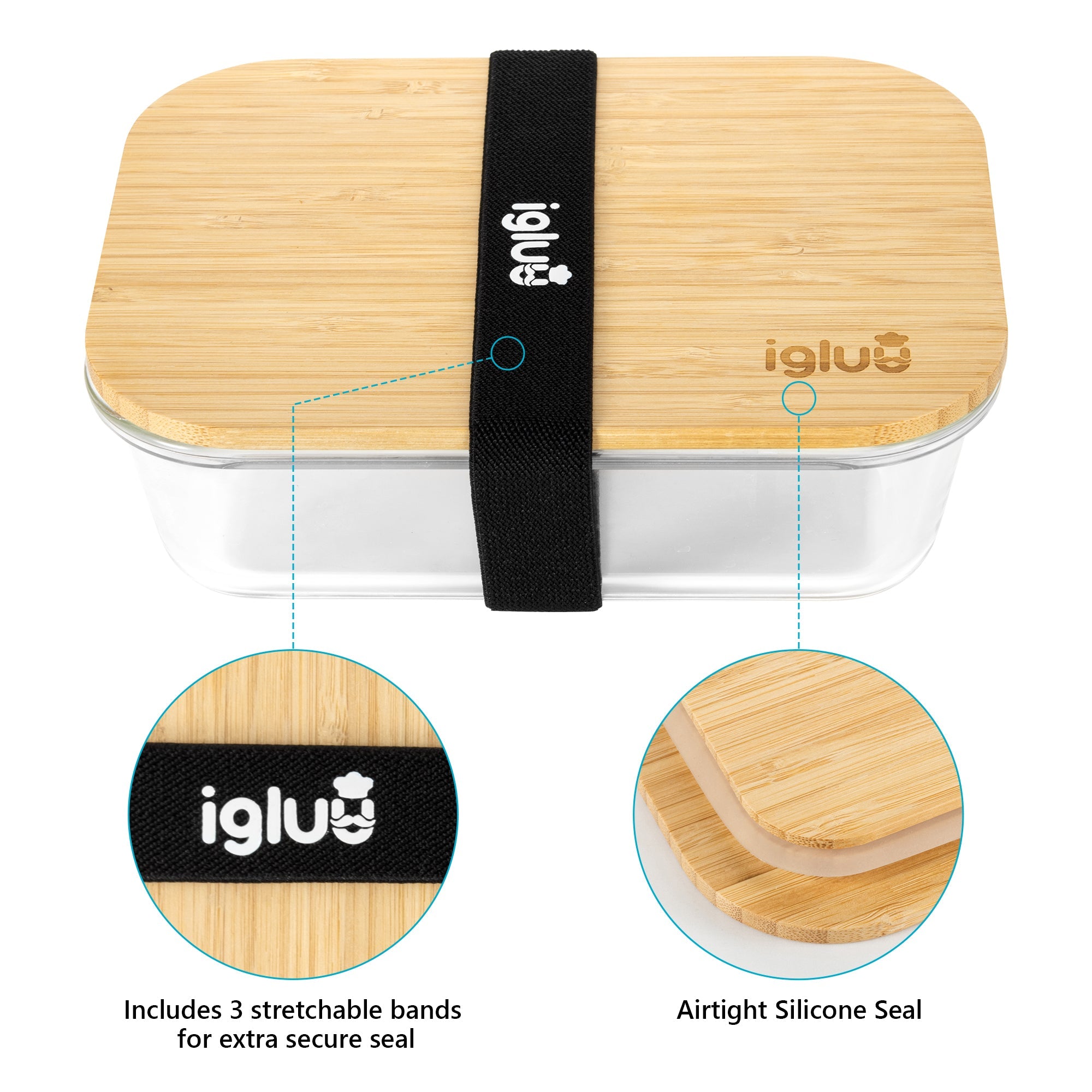 Set of three Igluu Meal Prep glass containers with bamboo lids in assorted sizes for meal storage and organization.