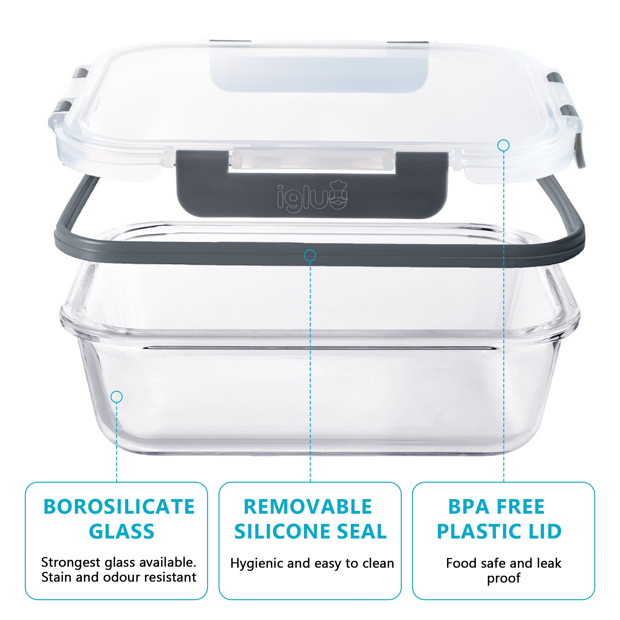 Set of Igluu Meal Prep glass food storage containers in 1050ml and 370ml sizes, stacked with lids and fresh food inside.