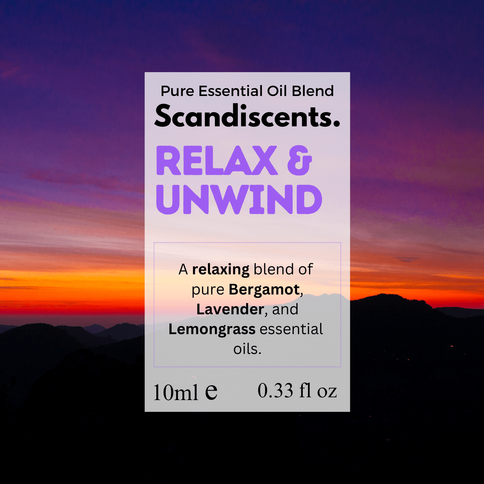 Scandiscents Relax & Unwind essential oil blend in a clear glass bottle with a white cap, surrounded by calming herbs and flowers.