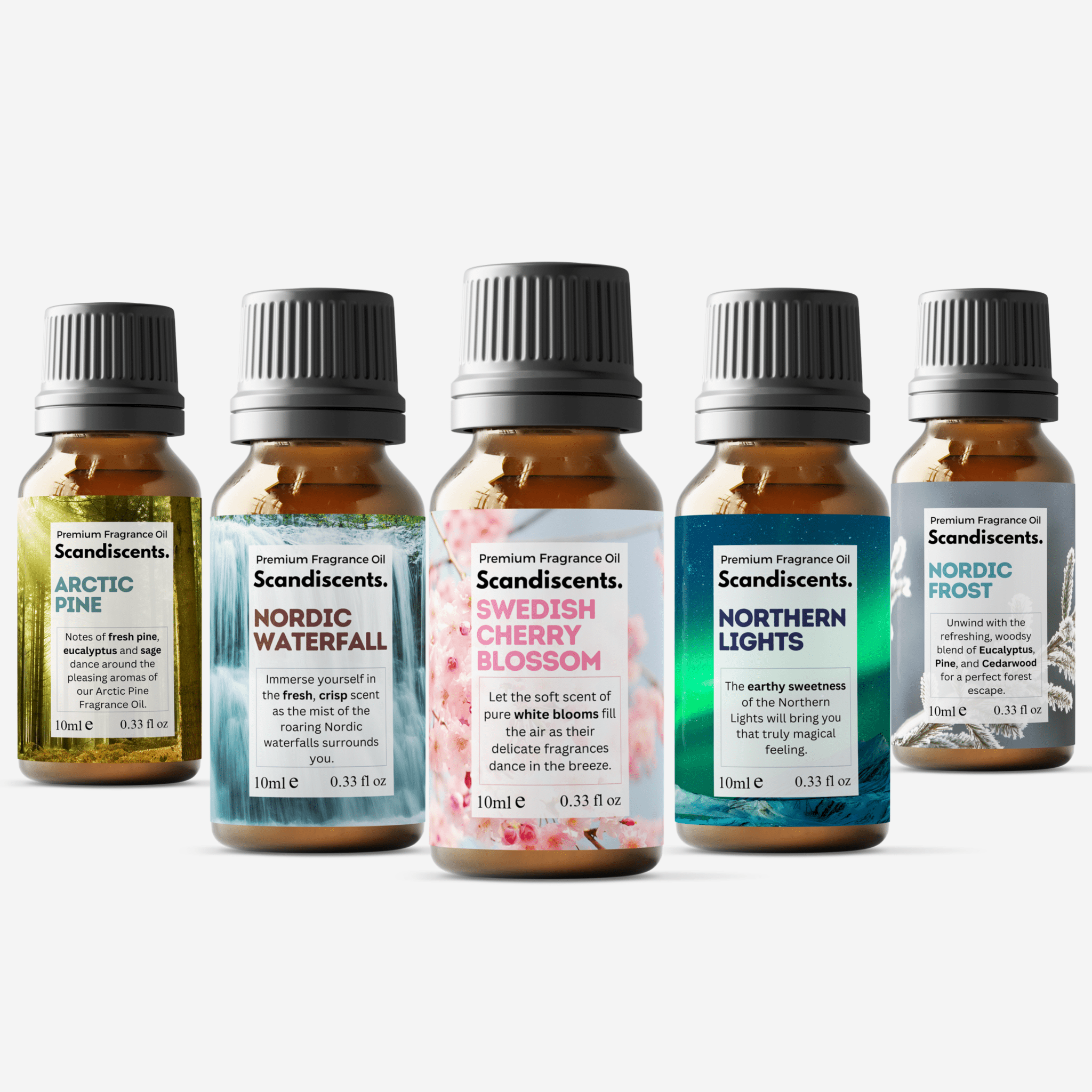 Scandiscents Scandinavian Bundle fragrance oils set with five bottles of aromatic scents in glass bottles.