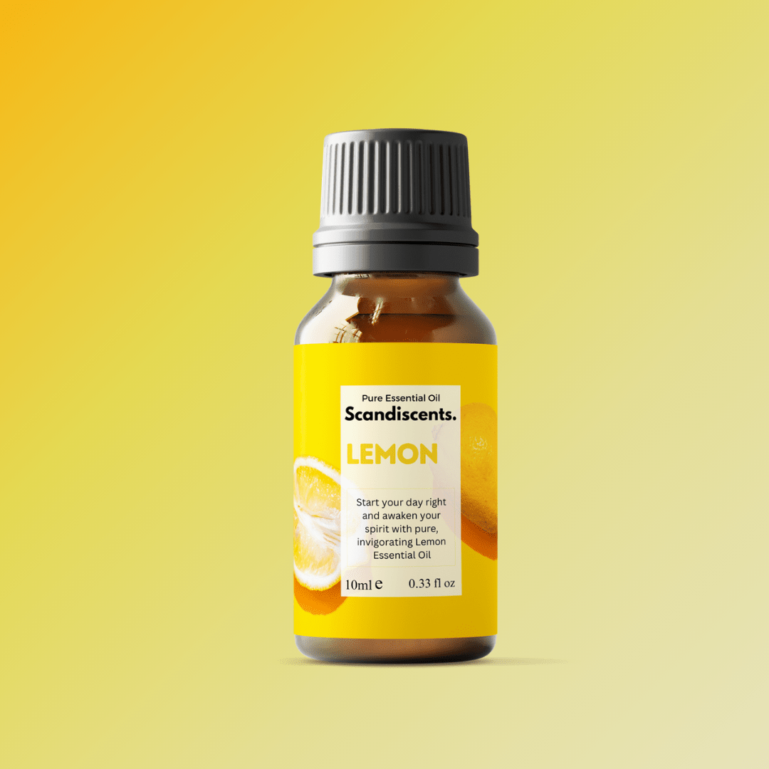 Scandiscents lemon essential oil bottle, natural citrus aroma, used for energy and uplifting mood, with a yellow label and clear glass bottle.