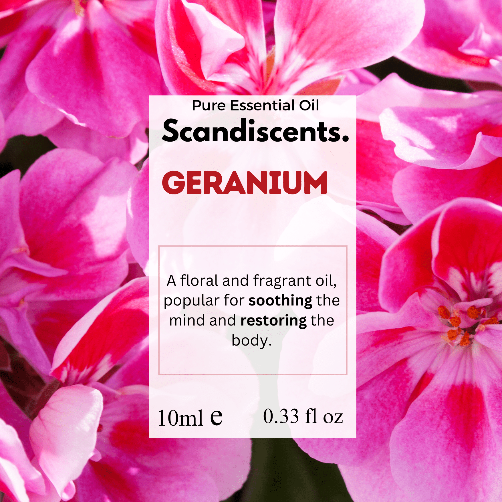 Scandiscents geranium essential oil in a glass bottle with a green label, showing a fresh, vibrant plant illustration.