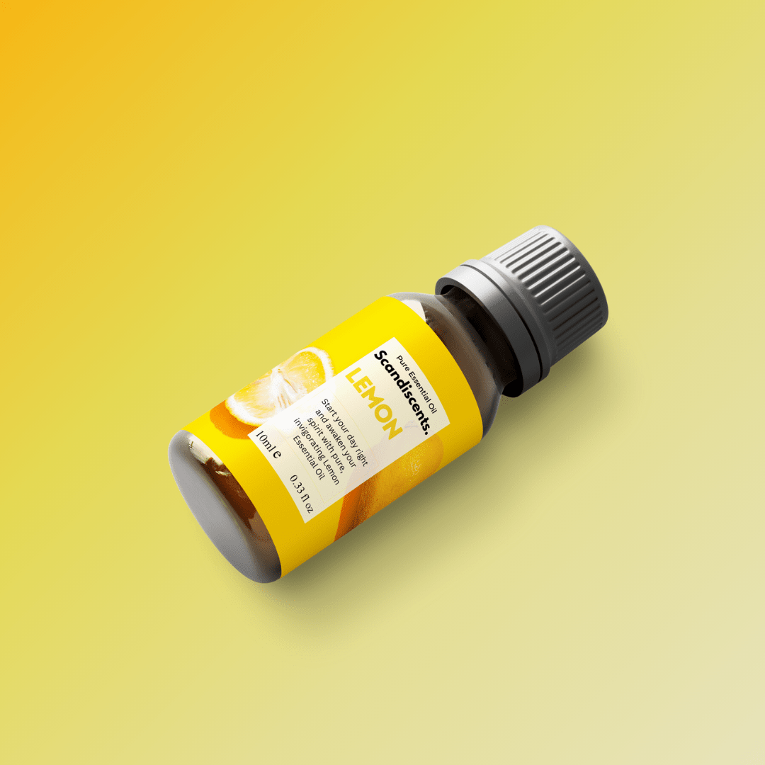 Scandiscents lemon essential oil bottle with a bright yellow label, designed for boosting energy and natural aromatherapy.