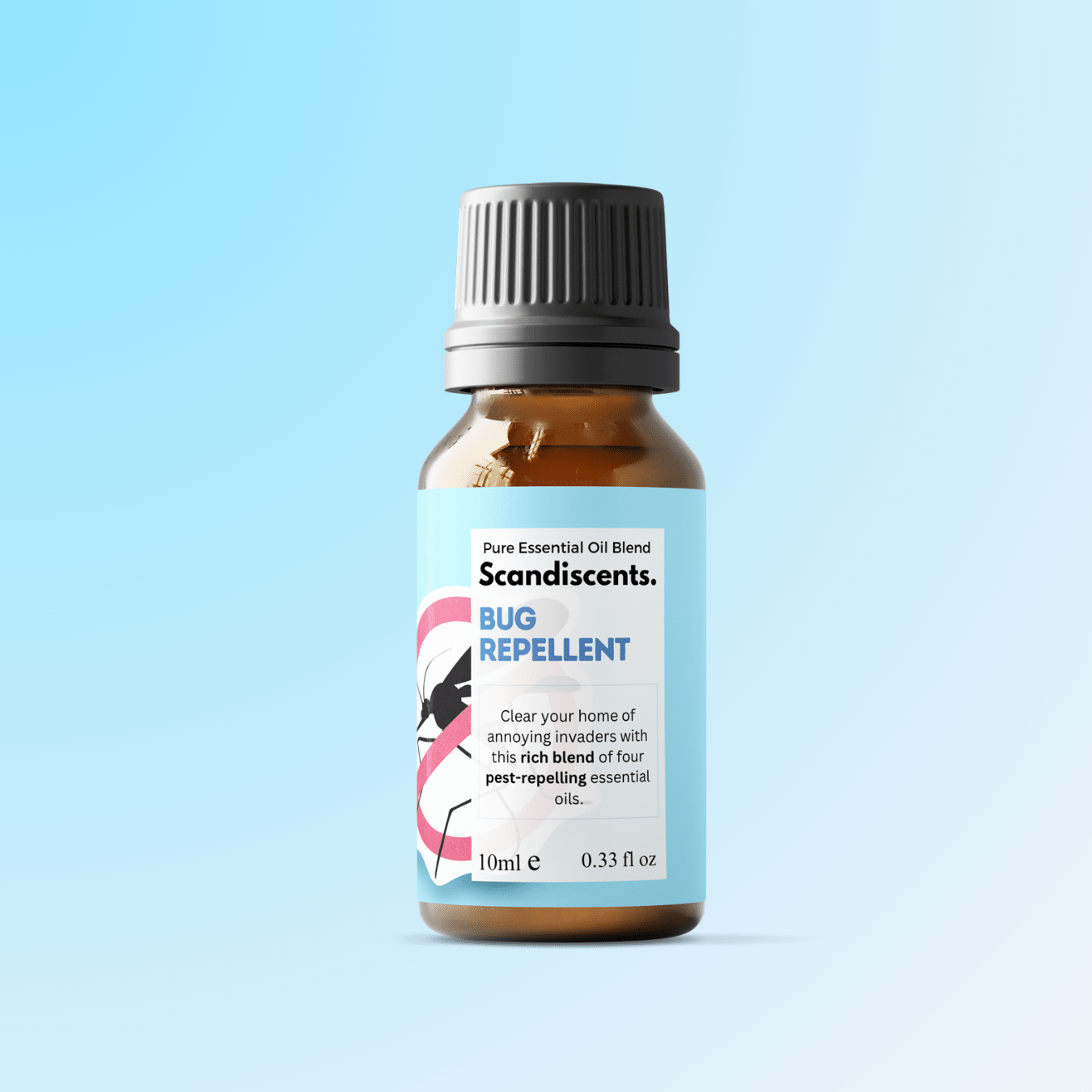 Bottle of Scandiscents bug repellent essential oil with dropper cap, showing the natural herbal liquid inside.