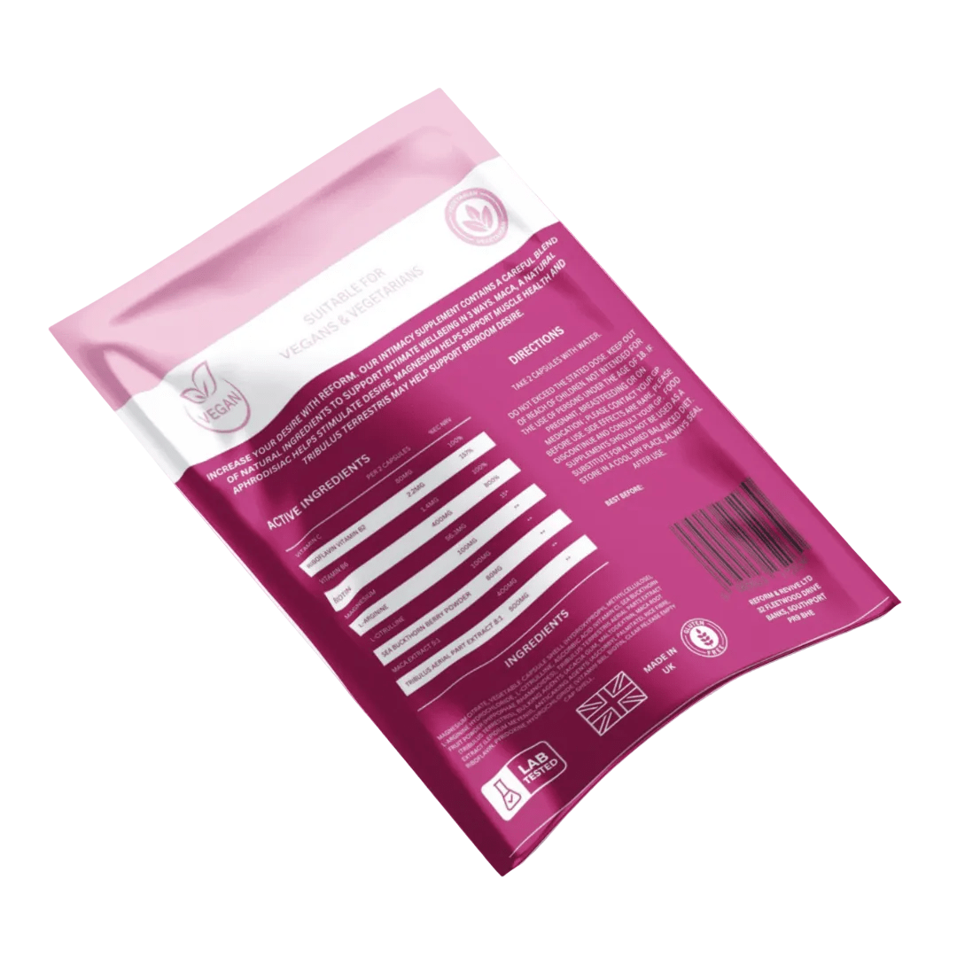 Reform and Revive Desire for Her Daily Wellness and Vitality Support vitamins in a bottle with colorful capsules.