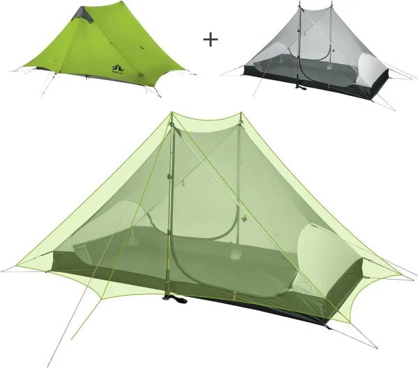 HikeWare Night Cat 2-person lightweight backpacking tent set up outdoors, showing the tent’s fabric, door, and lightweight structure.