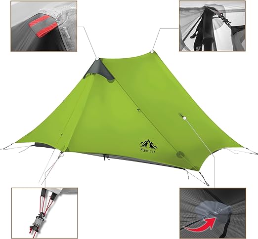 HikeWare Night Cat 2-person ultralight backpacking tent set up outdoors, showing waterproof fabric and mesh windows.