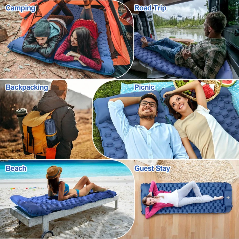 HikeWare Night Cat inflatable sleeping air pad with attached pillow, compact and portable for camping and outdoor sleeping comfort.