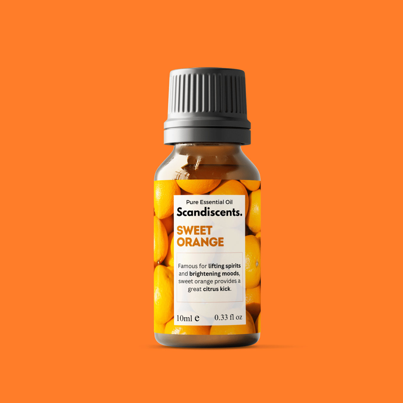Scandiscents sweet orange essential oil bottle with orange peel and citrus fruits, showcasing natural, aromatic product.