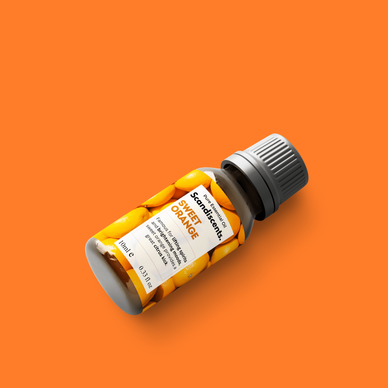 Scandiscents Sweet Orange essential oil bottle with orange-colored label and dropper cap on a white background.