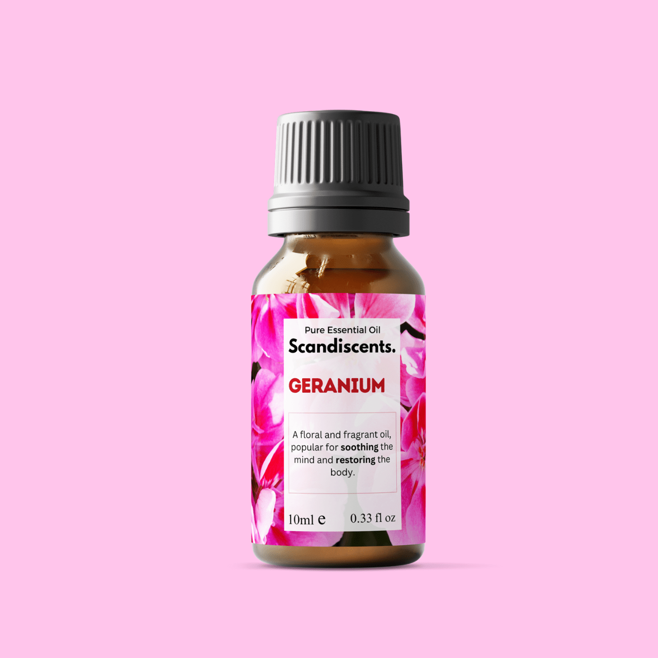 Scandiscents geranium essential oil in a glass bottle with a white label, displayed on a neutral background.