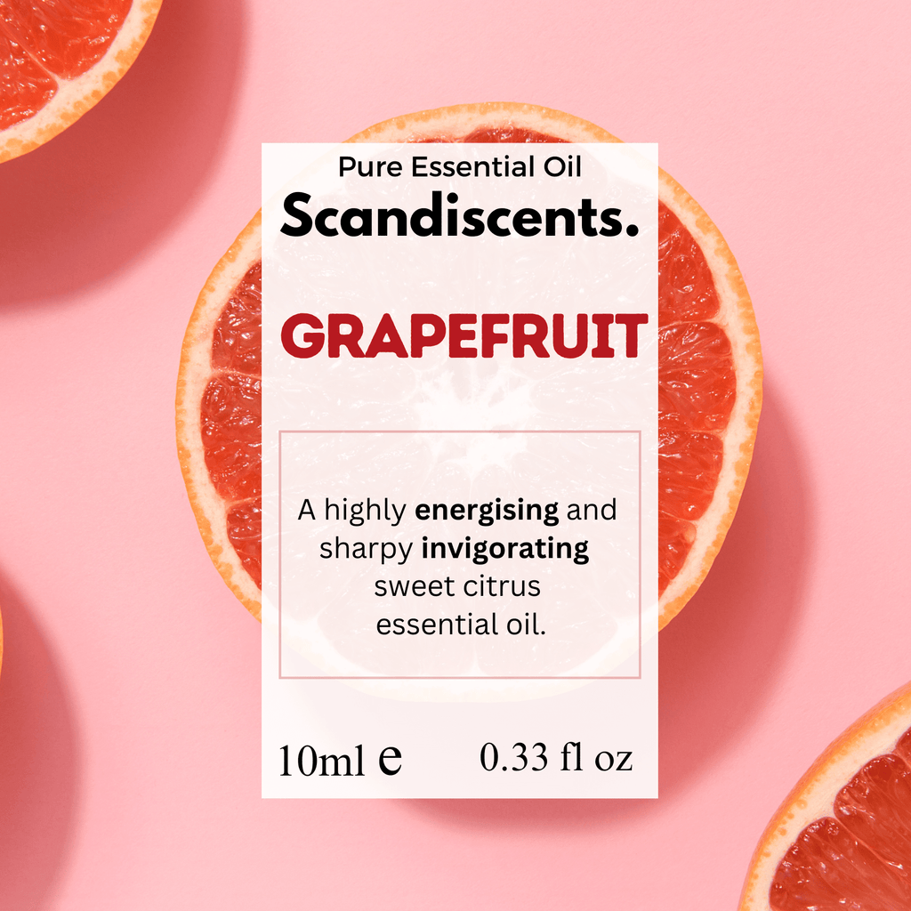Scandiscents grapefruit essential oil bottle with fresh grapefruit slices and botanical elements on a white background.
