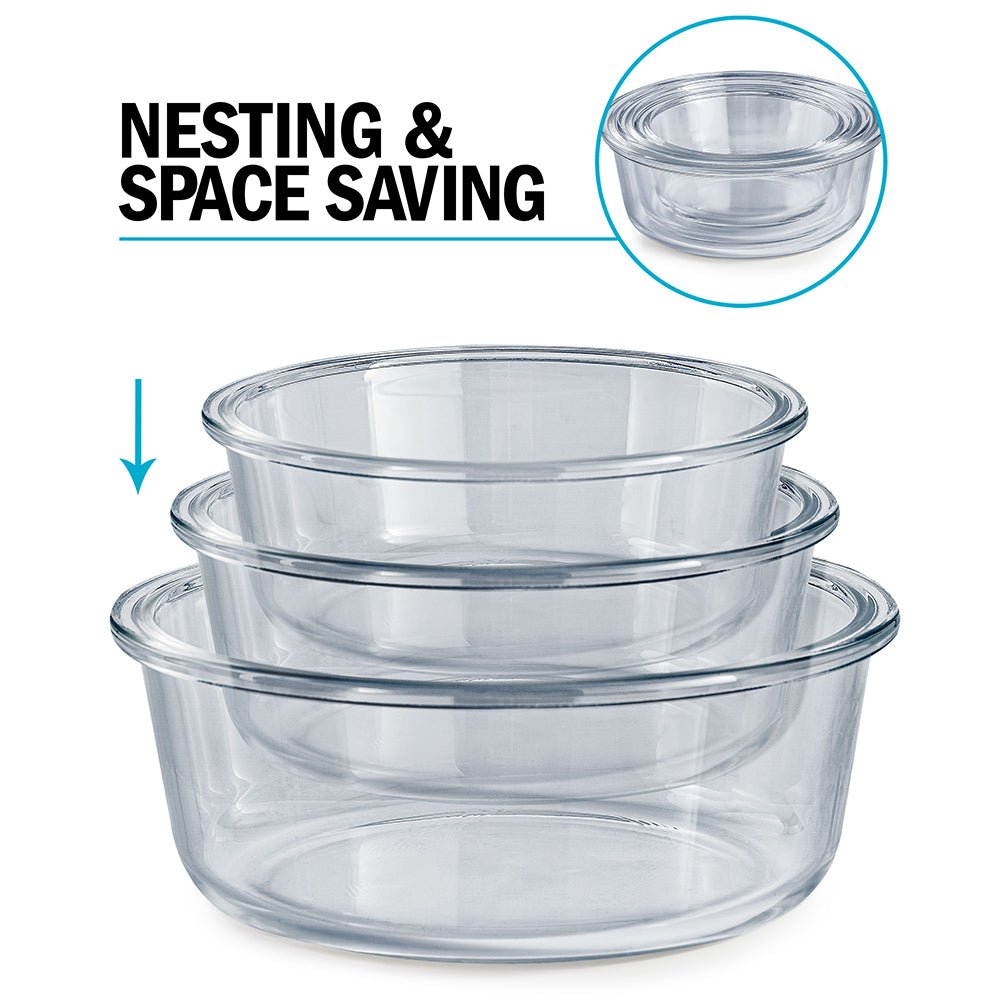 Igluu Meal Prep glass stackable round containers in 950ml, 650ml, and 400ml sizes, shown stacked ready for storage or meal prep.