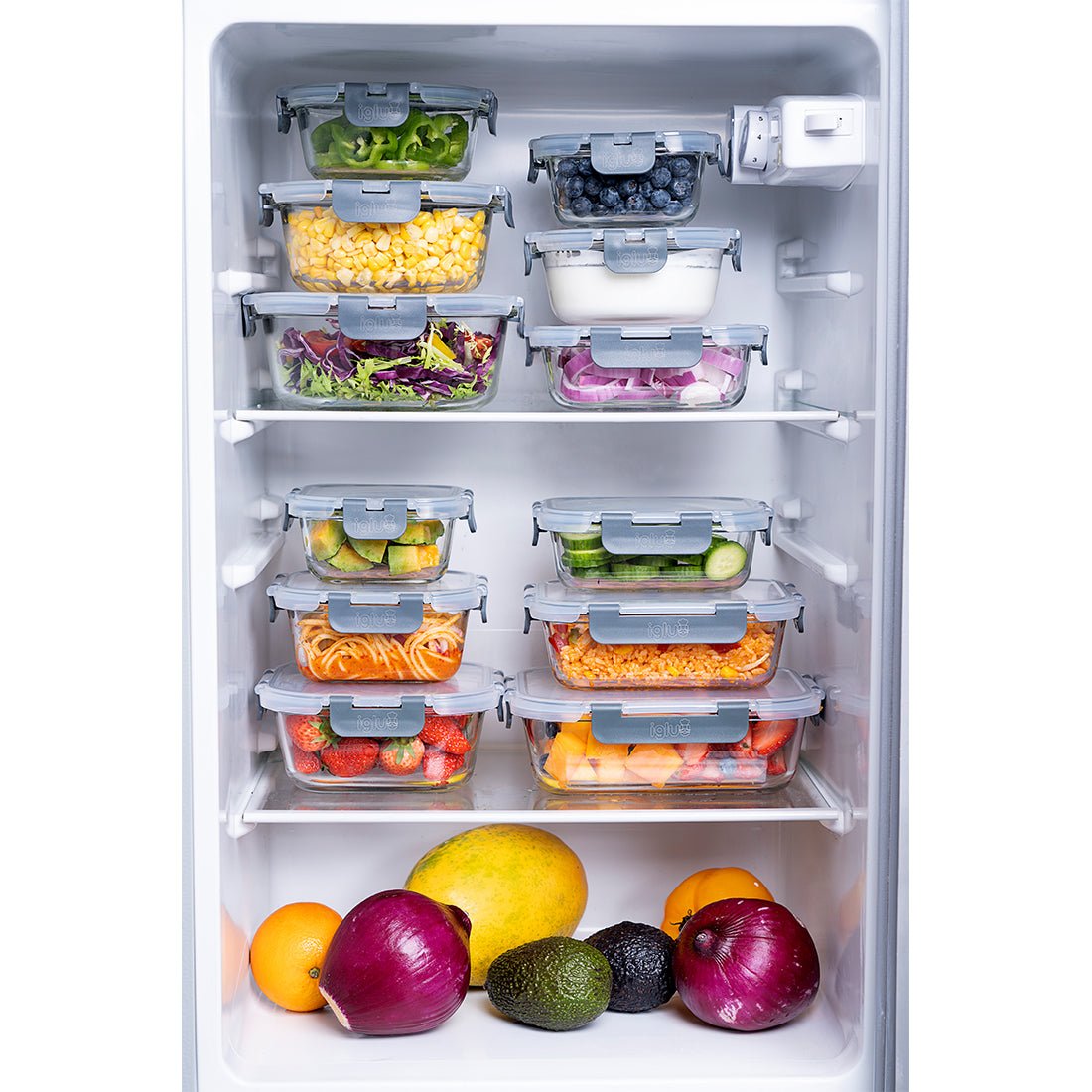 Set of six Igluu Meal Prep glass food storage containers with airtight lids in assorted sizes for meal prep and food storage.