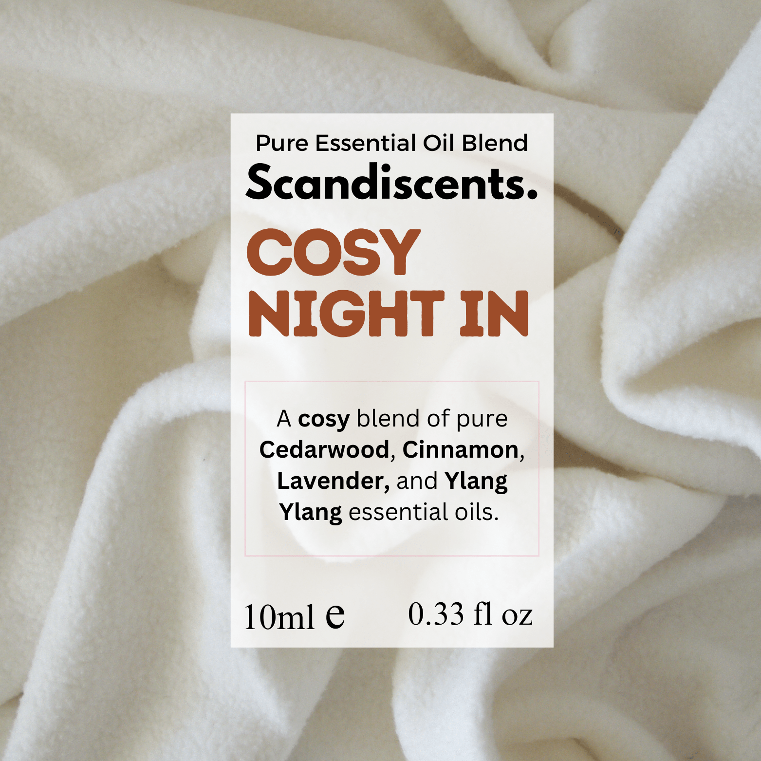 Scandiscents Cozy Night In essential oil blend in a glass bottle with a white label and silver cap, ideal for relaxing aromatherapy.