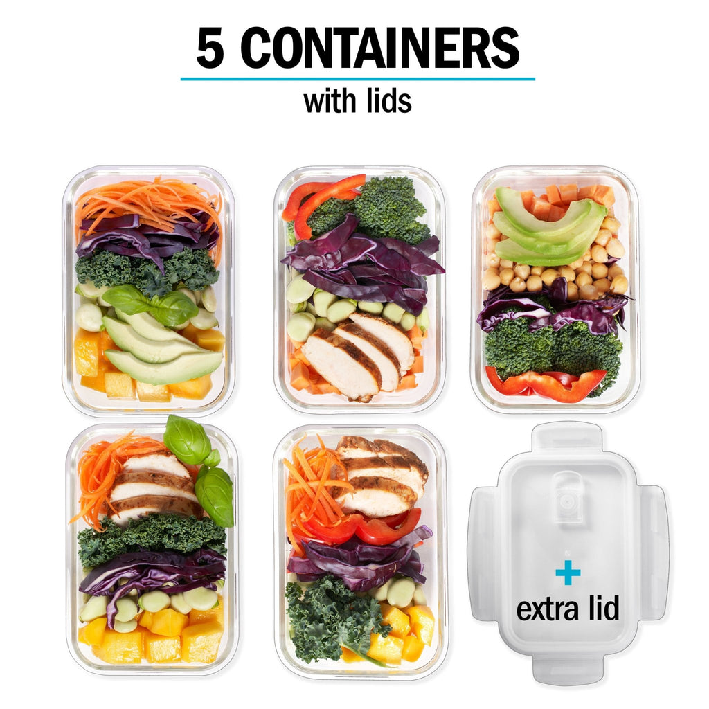 Set of six Igluu Meal Prep glass containers with steam vent lids, 840ml capacity, plus one extra lid, for meal storage and prep.