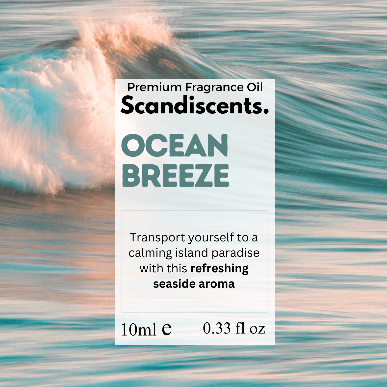 Scandiscents Ocean Breeze fragrance oil bottle with a clear label, showcasing a refreshing ocean-inspired scent.