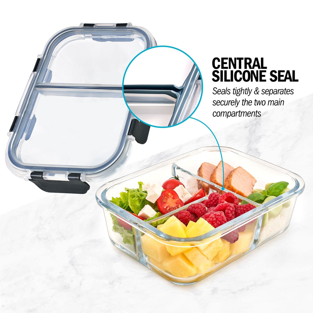 Set of three Igluu Meal Prep glass containers with airtight lids, 980ml capacity each, ideal for meal storage and organization.