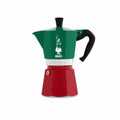 Bialetti Moka Express Tricolore Italia stovetop coffee maker with six cups, featuring a colorful Italian flag design.