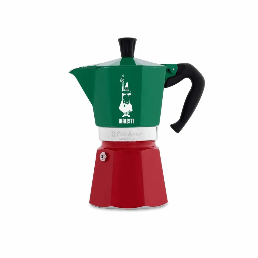 Bialetti Moka Express Tricolore Italia stovetop coffee maker with six cups, featuring a colorful Italian flag design.