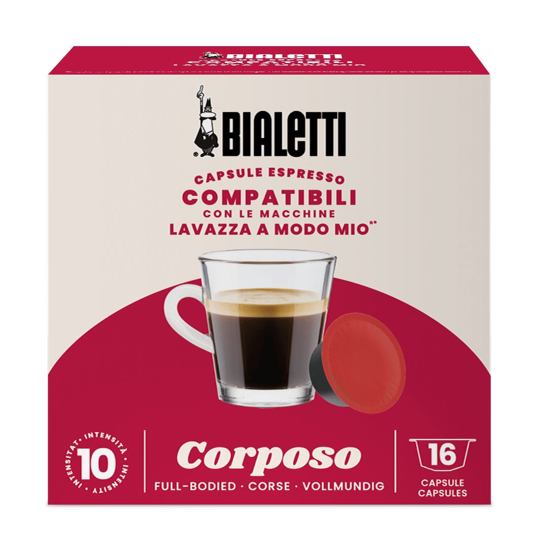Bialetti Brew Italia compatible capsules for Lavazza A Modo Mio coffee machines, arranged in a row with colorful packaging.