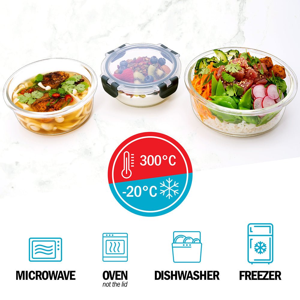 Set of three Igluu Meal Prep glass stackable round containers in 950ml, 650ml, and 400ml sizes, with clear lids for storage.