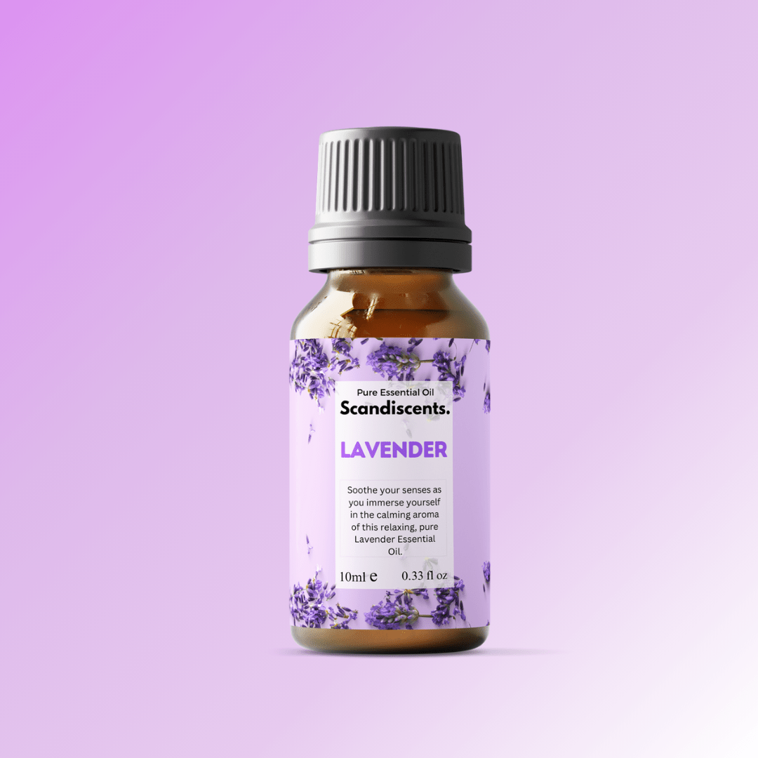 Scandiscents lavender essential oil bottle, natural dropper, and lavender flowers for sleep and relaxation on a neutral background.