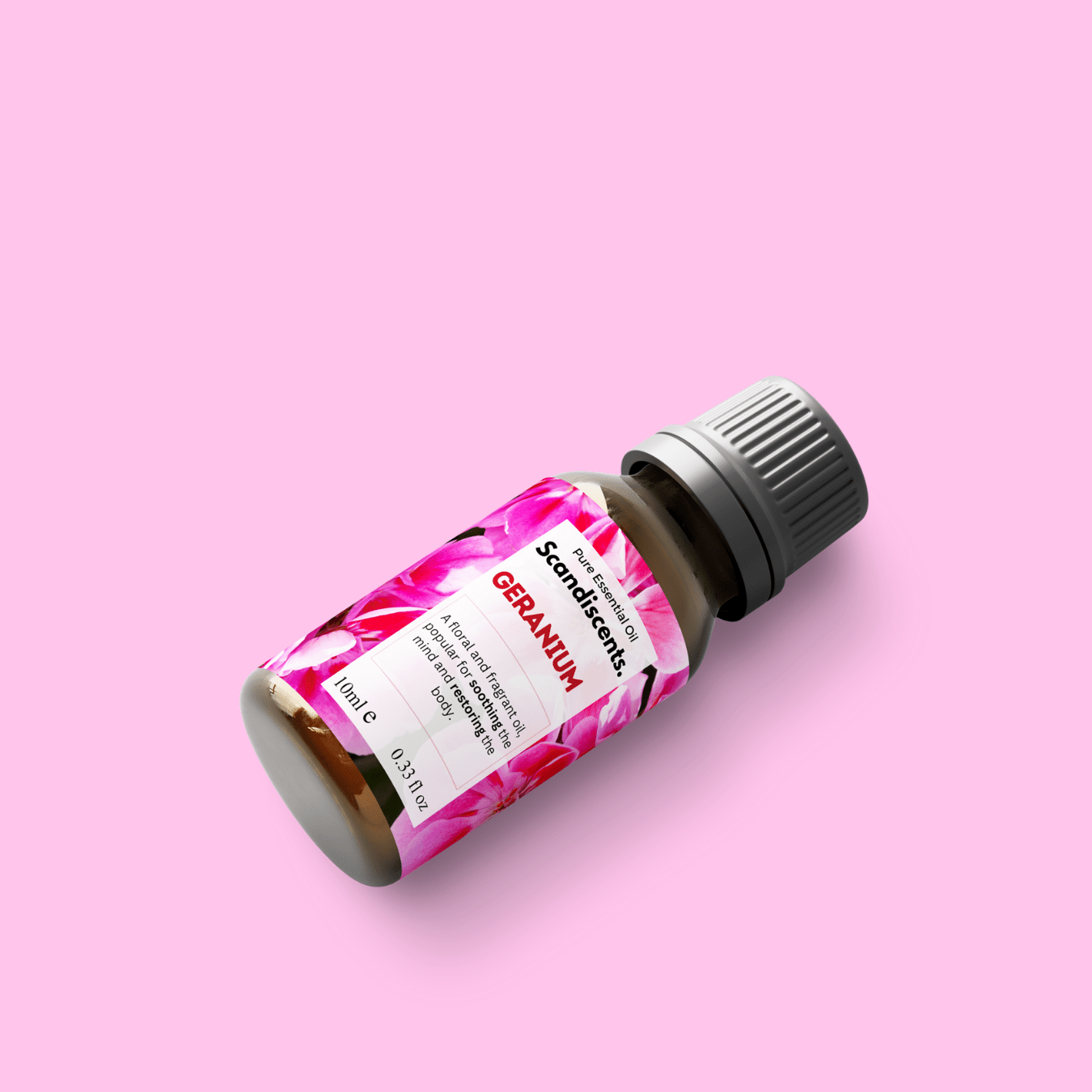 Scandiscents Geranium essential oil bottle with a clear label, set against a neutral background.