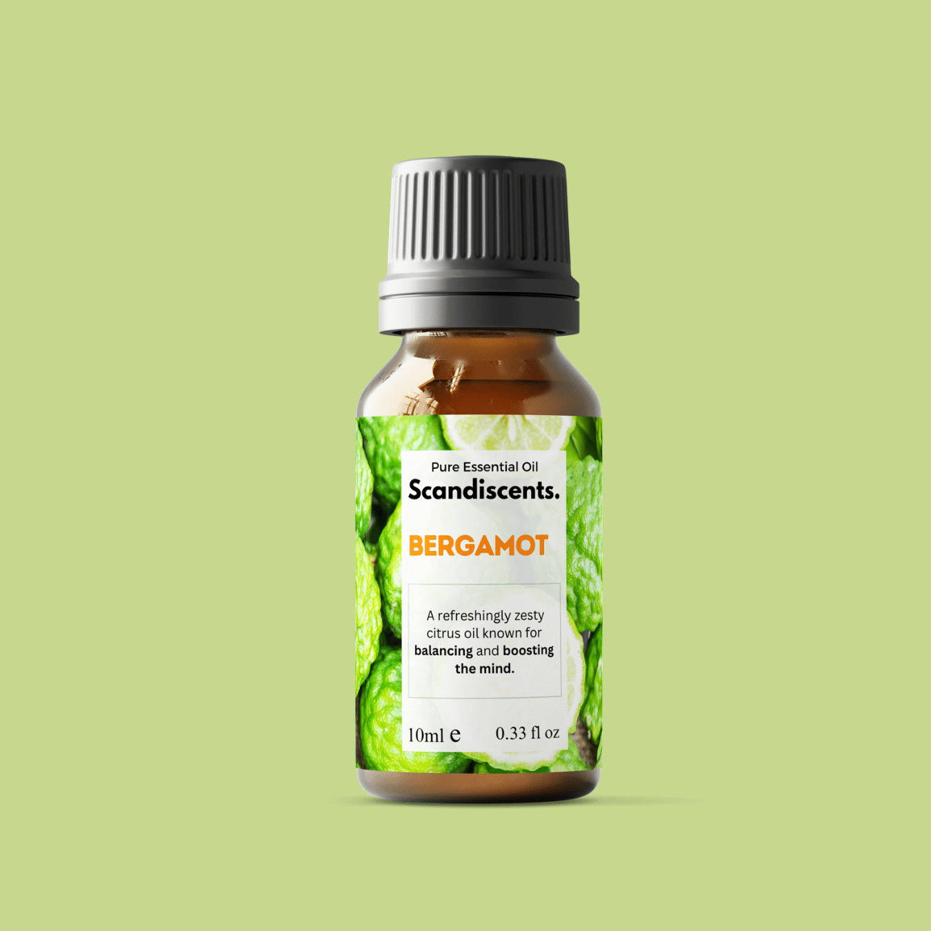 Scandiscents bergamot essential oil bottle with citrus fruit and leaves, showcasing natural ingredients and aromatic profile.