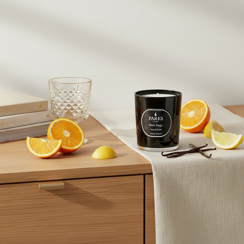 Black Magic citrus and vanilla scented candle by Parks Candles in a black jar with a lit wick and aromatic fragrance.