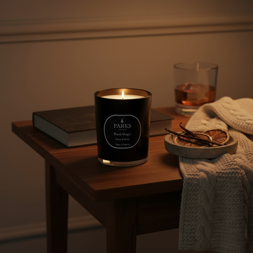Parks Candles Black Magic 180g citrus and vanilla scented candle with a black wax finish and natural wick.