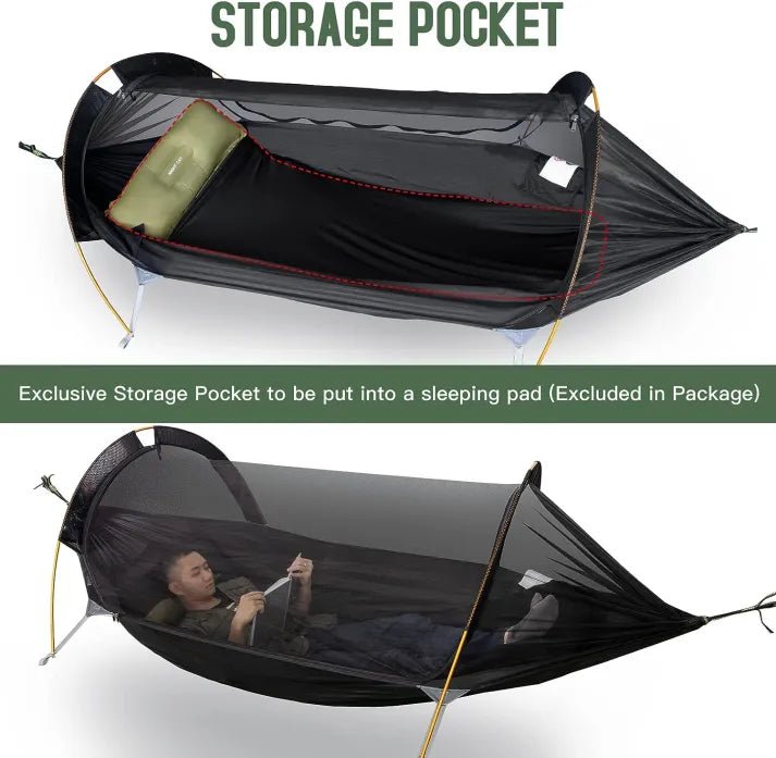 HikeWare Night Cat Hammock Tent hanging outdoors, showcasing its durable fabric and compact design for camping or outdoor adventures.