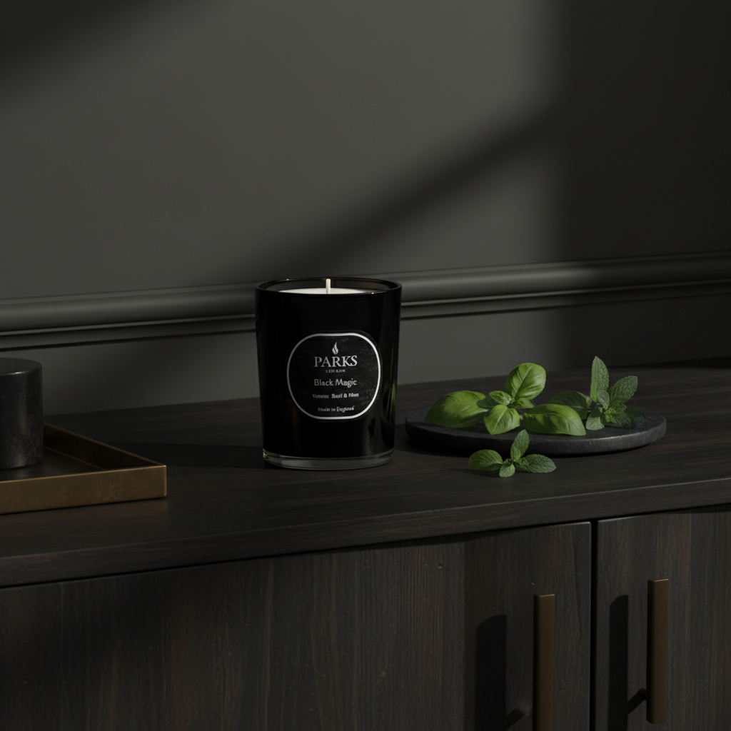 Parks Candles vetiver, basil, and mint scented candle in a 180g jar with a natural wax finish on a wooden surface.