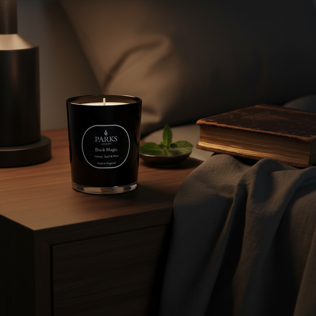 Parks Candles Vetiver, Basil & Mint scented candle in a 180g glass jar with a lit wick and fresh herbal aroma.