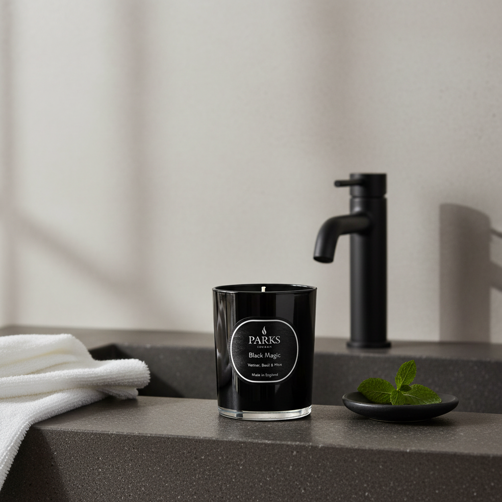 Parks Candles Vetiver, Basil & Mint scented candle in a 180g glass jar with fresh herbs and earthy vetiver scent.