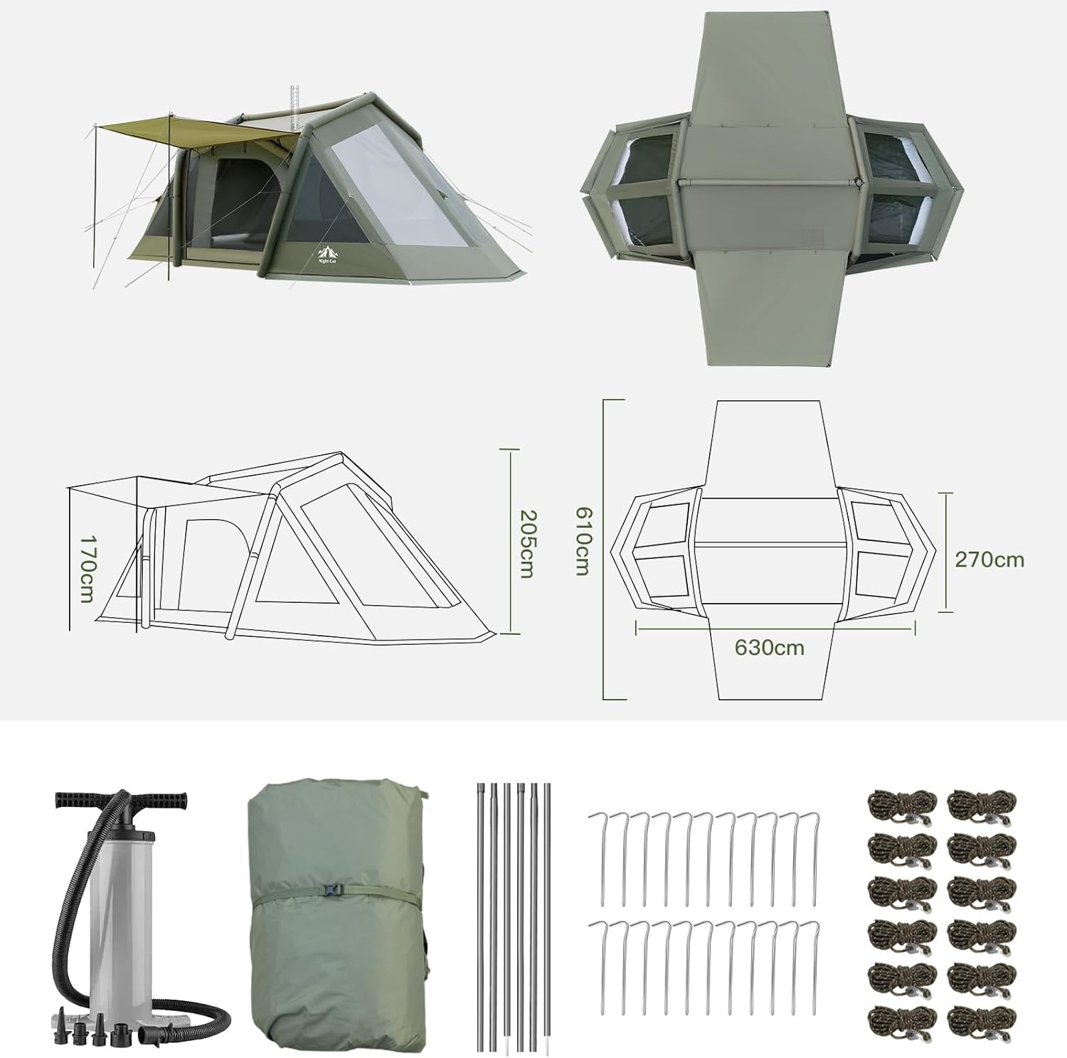 HikeWare Night Cat 8-man inflatable tent with two bedrooms, spacious outdoor camping shelter with colorful exterior and large windows.