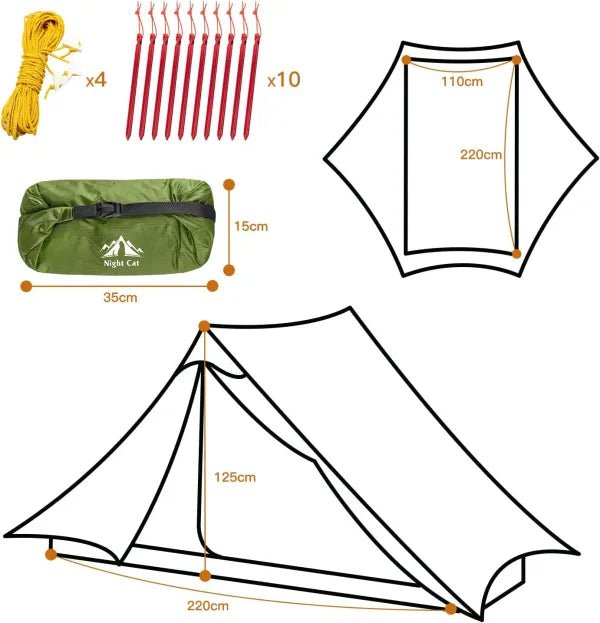 HikeWare Night Cat 2-person ultralight backpacking tent set up outdoors, lightweight fabric and sturdy poles visible.
