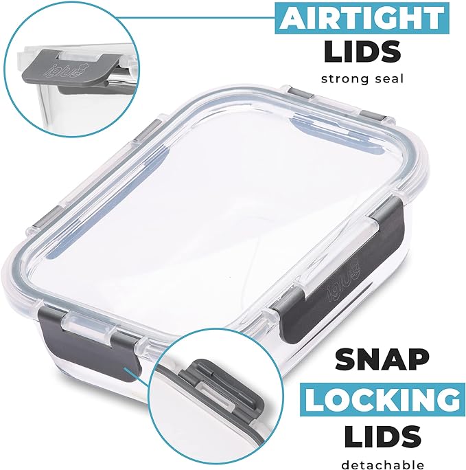 Set of 12 Igluu Meal Prep glass food storage containers with airtight lids in assorted sizes, ideal for meal prep and food storage.