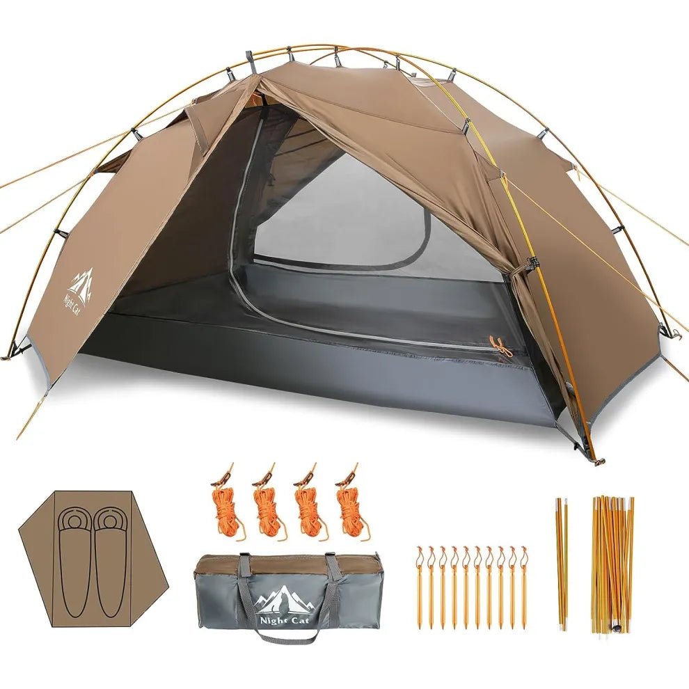 HikeWare Night Cat 2-person backpacking tent with aluminum poles set up outdoors, showing the tent's lightweight design and durable fabric.
