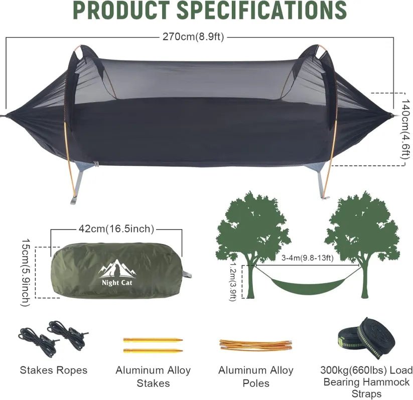 HikeWare Night Cat Hammock Tent suspended in a forest, with fabric and straps visible, designed for outdoor camping and relaxation.
