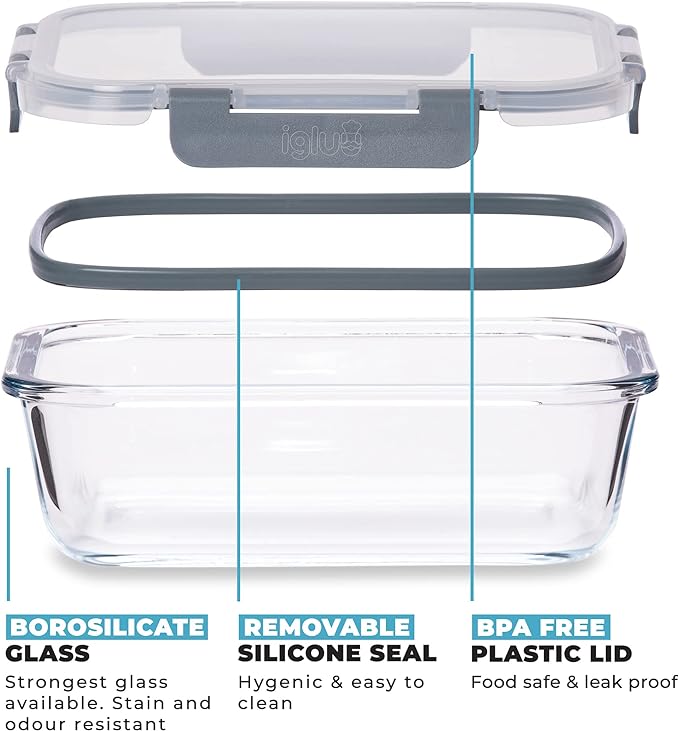 Set of 12 Igluu Meal Prep glass food storage containers with airtight lids in assorted sizes, ideal for meal prep and food storage.