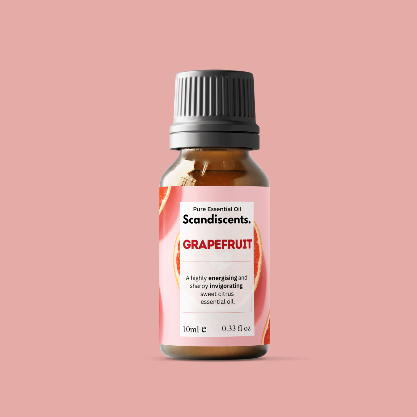 Scandiscents grapefruit essential oil bottle with fresh grapefruit slices, highlighting natural citrus aroma and vibrant yellow color.