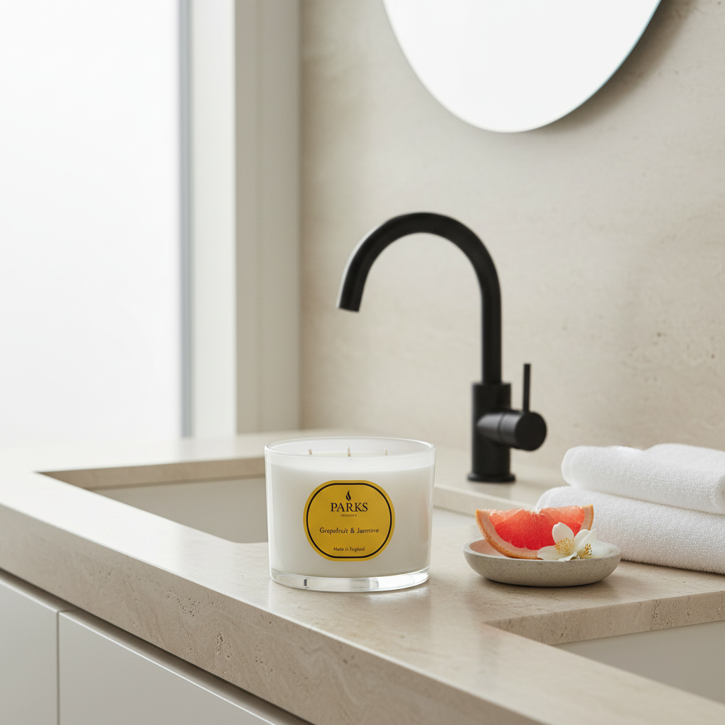 Parks Candles grapefruit and jasmine scented candle in a 350g glass jar, with a natural floral and citrus aroma.