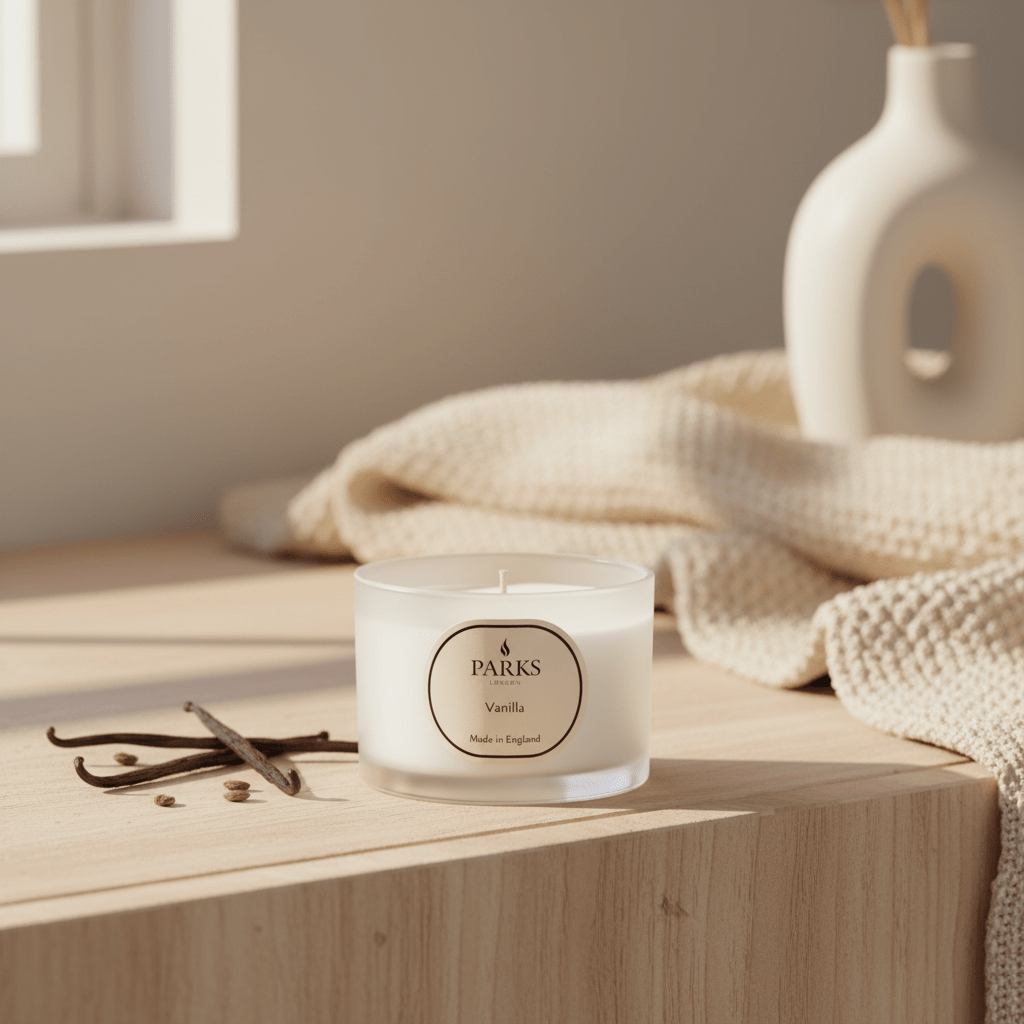 Parks Candles vanilla scented candle in a 70g glass container, with a lit wick and warm glow.