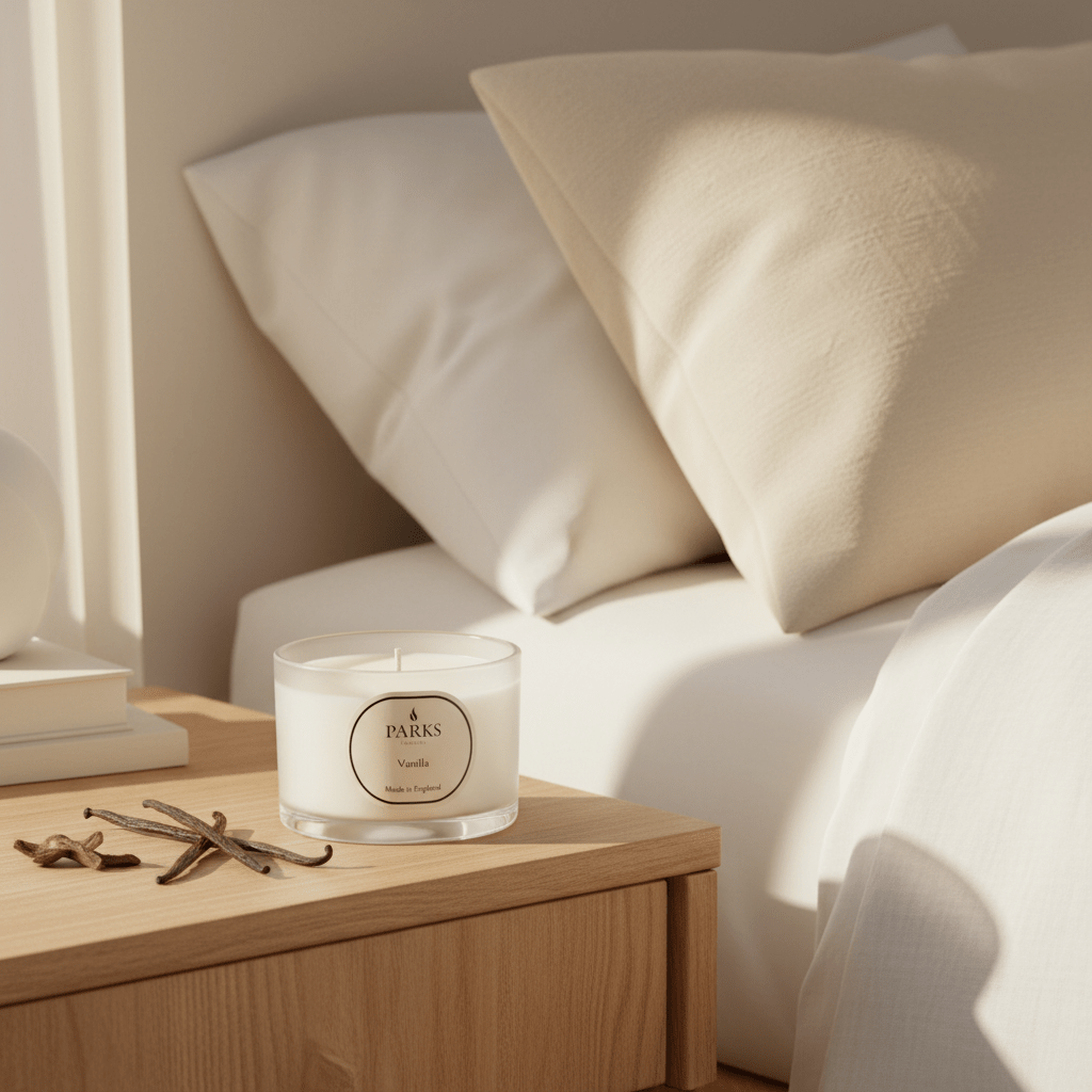 Parks Candles vanilla scented candle in a 70g jar, featuring a white wax and simple wick for cozy ambiance.