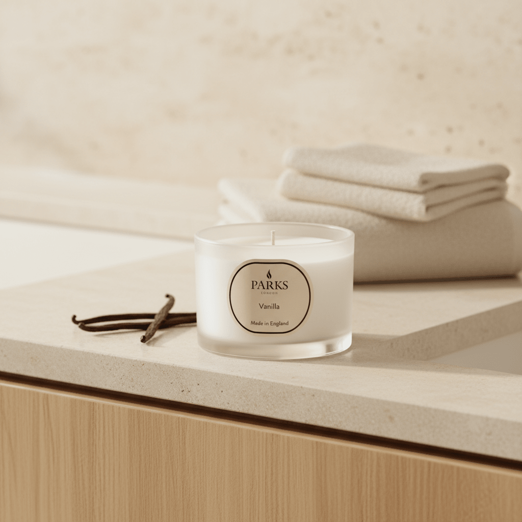 Parks Candles vanilla scented candle in a 70g glass container, featuring a lit flame and warm, creamy vanilla fragrance.